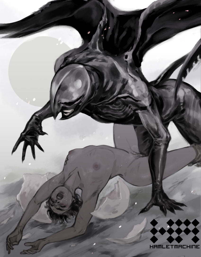 1boy 1girl berserk brand_of_sacrifice breasts cape casca_(berserk) clothed_male_nude_female commentary completely_nude english_text femto_(berserk) greyscale griffith_(berserk) hamletmachine helmet highres monochrome nipples nude open_mouth short_hair small_breasts