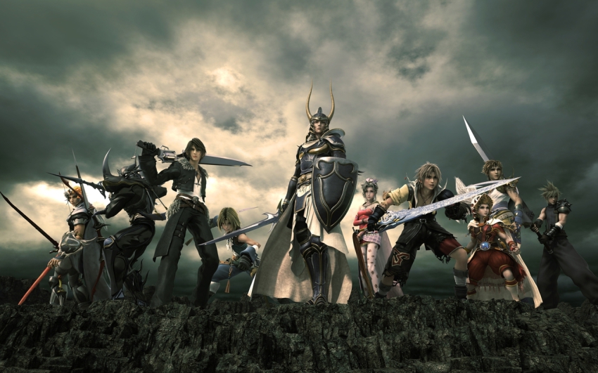 00s 1980s_(style) 1990s_(style) 1girl 3d 6+boys armor bartz_klauser black_hair blonde_hair blue_eyes brown_hair cape cecil_harvey cloud_strife dissidia_final_fantasy epic everyone fighting_stance final_fantasy final_fantasy_i final_fantasy_ii final_fantasy_iii final_fantasy_iv final_fantasy_ix final_fantasy_v final_fantasy_vi final_fantasy_vii final_fantasy_viii final_fantasy_x firion gloves jewelry long_hair multiple_boys official_art official_wallpaper oldschool onion_knight retro_artstyle short_hair sky squall_leonhart sword tidus tina_branford warrior_of_light_(ff1) weapon zidane_tribal