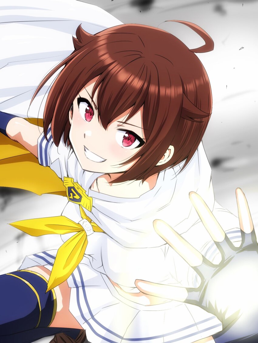 1girl ahoge bow brown_hair cloak collarbone cowboy_shot dot_nose flipped_hair hair_between_eyes highres ibuki_tsubasa idol_heroes_(idolmaster) idolmaster idolmaster_million_live! idolmaster_million_live!_theater_days looking_at_viewer matcha_kingyo mighty_sailor official_alternate_costume official_alternate_hairstyle red_eyes school_uniform serafuku shirt short_hair sidelocks skirt smile solo stomach teeth thighhighs white_serafuku white_shirt white_skirt yellow_bow zettai_ryouiki