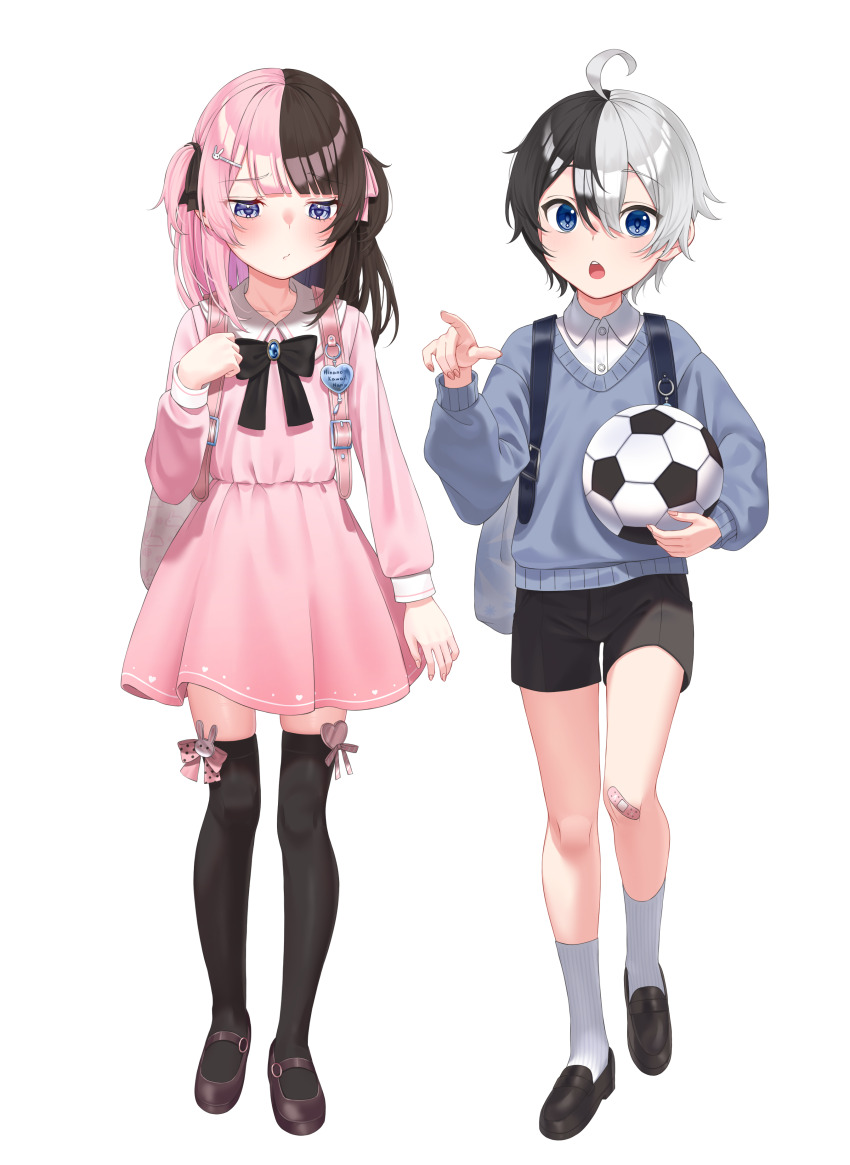 1boy 1girl absurdres aged_down ahoge backpack bag ball bandaid bandaid_on_knee bandaid_on_leg black_hair black_shorts black_thighhighs blue_eyes blue_sweater blunt_bangs bow_legwear brown_hair child collared_dress collared_shirt dress full_body hair_between_eyes hair_ornament hair_ribbon hairpin highres indie_virtual_youtuber iris_black_games kamito_(vtuber) kiaoekakishitai long_sleeves mary_janes multicolored_hair open_mouth pink_dress pink_hair ribbon shirt shoes short_shorts shorts soccer_ball socks split-color_hair standing sweater tachibana_hinano thighhighs two-tone_hair two_side_up virtual_youtuber vspo! white_background white_hair white_shirt white_socks
