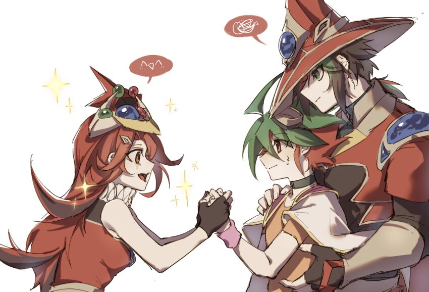 1girl 2boys ahoge brown_hair character_request double_iris_magician duel_monster fingerless_gloves gloves goggles goggles_on_head green_eyes hand_on_another&#039;s_shoulder hat highres holding_hands jacket jacket_on_shoulders long_hair long_sleeves multicolored_hair multiple_boys odd-eyes_pendulum_dragon open_mouth personification red_eyes red_hair sakaki_yuya shirt sleeveless sleeveless_shirt smile sweatdrop wudu_c yu-gi-oh! yu-gi-oh!_arc-v yu-gi-oh!_cross_duel