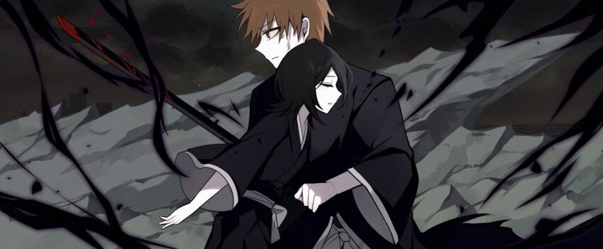 1boy 1girl aura bankai black_hair black_kimono bleach bleach:_fade_to_black blood bloody_weapon brown_eyes closed_eyes commentary_request cowboy_shot dark_aura dirty dirty_face from_side g_ieep holding holding_sword holding_weapon japanese_clothes katana kimono korean_commentary kuchiki_rukia kurosaki_ichigo long_sleeves looking_afar medium_hair night orange_hair outdoors profile serious short_hair spiked_hair sword tensa_zangetsu_(bankai) upper_body v-shaped_eyebrows weapon wide_sleeves