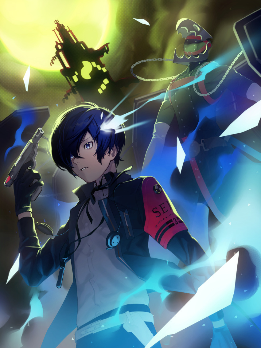 1boy absurdres black_gloves blue_eyes blue_hair chain commentary dark_blue_hair english_commentary evoker from_below full_moon gekkoukan_high_school_uniform gloves glowing green_sky gun gun_to_head hair_between_eyes headphones highres holding holding_gun holding_weapon looking_ahead male_focus moon night night_sky parted_lips persona persona_(summon) persona_3 persona_3_reload s.e.e.s school_uniform serious short_hair sky solo standing tartarus tenshuu93 thanatos_(persona) upper_body weapon yuuki_makoto_(persona_3)