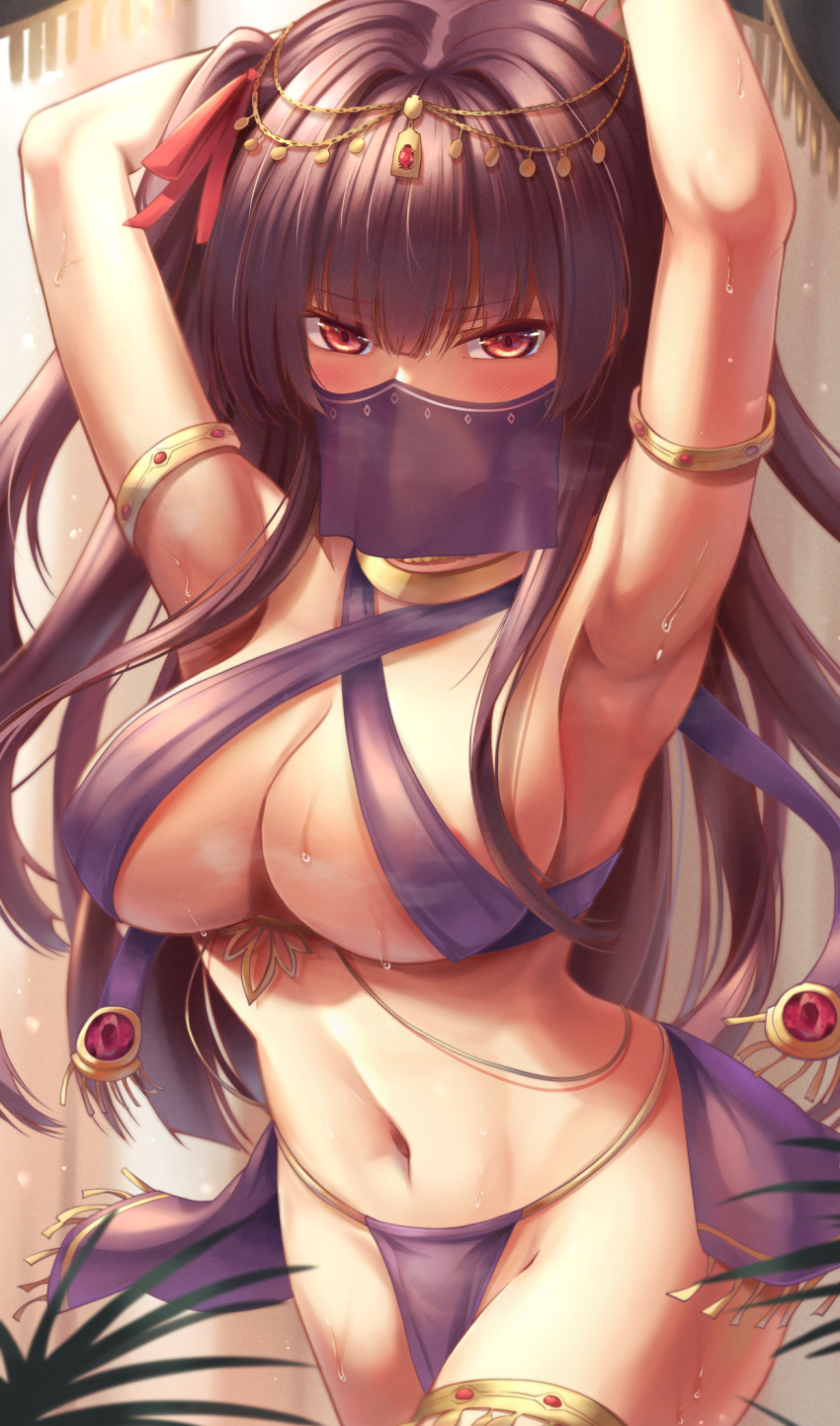 1girl alternate_costume armpits arms_behind_head bare_shoulders belly_dancing bikini blush bracer breasts cleavage dancer feet_out_of_frame girls&#039;_frontline hair_ornament hair_ribbon highres jewelry large_breasts leaning_forward long_hair looking_at_viewer mouth_veil navel necklace presenting_armpit purple_bikini purple_hair red_eyes ribbon side_ponytail solo standing stomach sweat sweatdrop swimsuit veil wa2000_(girls&#039;_frontline) xlscaler