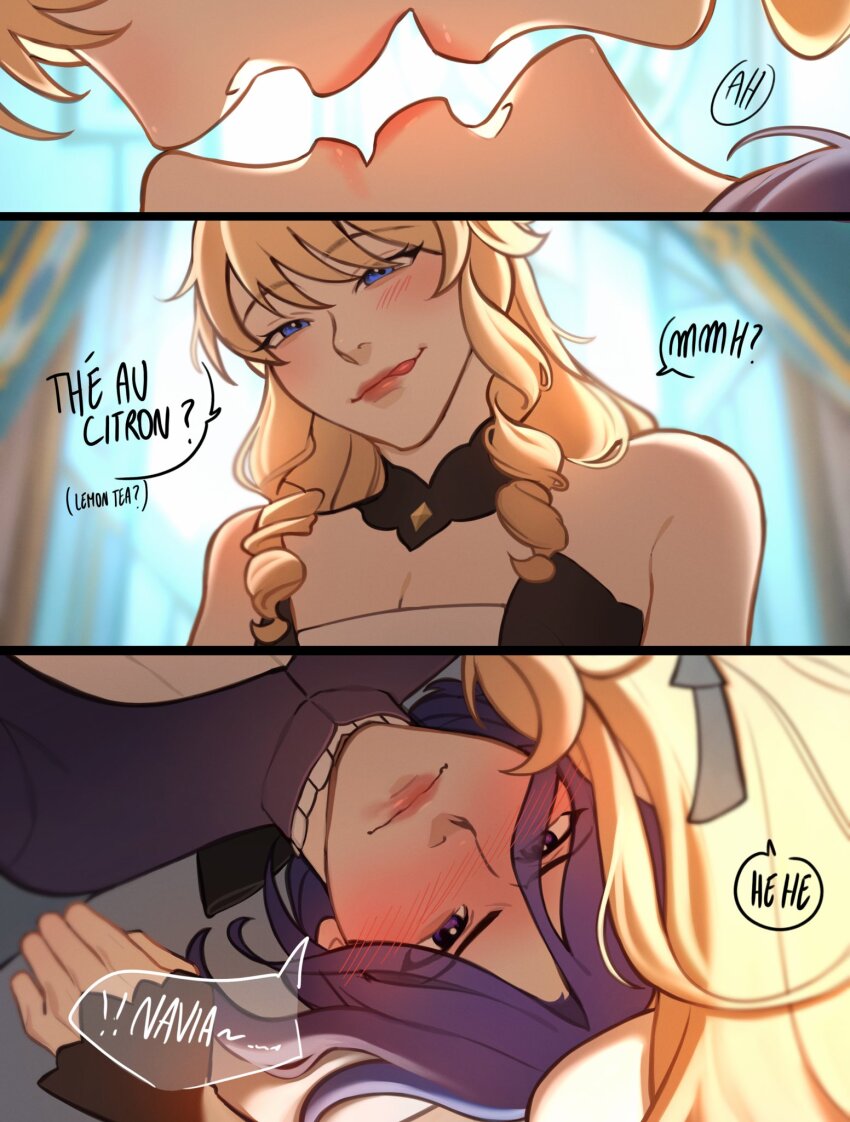 2girls blonde_hair blue_eyes blue_hair blush clorinde_(genshin_impact) closed_mouth dark_blue_hair drill_hair genshin_impact highres indoors licking_lips multiple_girls navia_(genshin_impact) parted_lips tongue tongue_out wiistef yuri