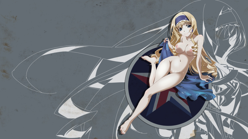 1girl arm_support barefoot blonde_hair blue_eyes breasts cecilia_alcott drill_hair feet highres infinite_stratos large_breasts legs long_hair looking_at_viewer navel nipples nude official_style pussy smile solo thighs