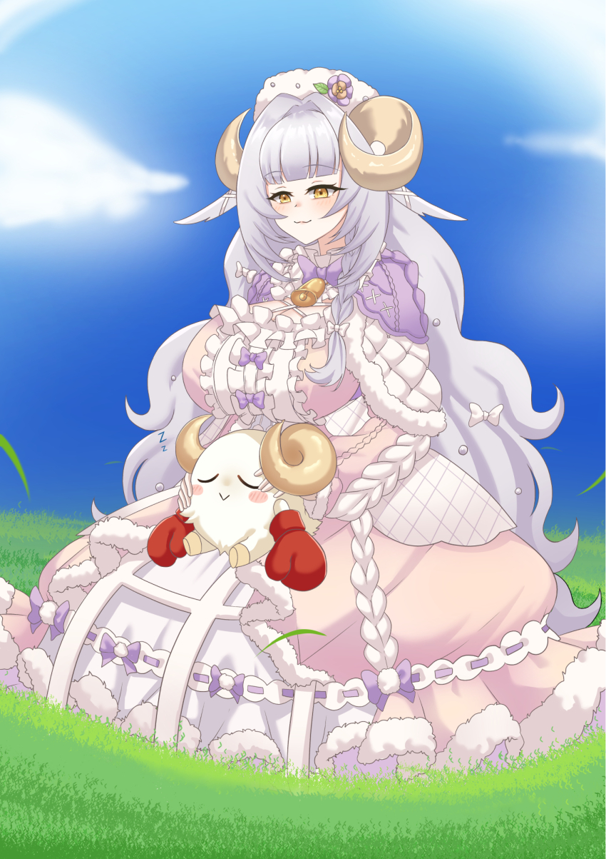 1girl :3 animal_ears bell beret blue_sky blunt_bangs blush bow bowtie boxing_gloves breasts capelet center_frills cleavage closed_eyes cloud commentary commission crinoline curly_hair dress english_commentary esila_shephield frills gloves grass hair_bow hat highres horns huge_breasts layered_dress long_hair neck_bell nexas_(vtuber) pink_dress puffywaffles purple_bow purple_bowtie purple_hair quilted_clothes red_gloves sheep_ears sheep_horns sky very_long_hair virtual_youtuber white_bow white_hat yellow_eyes zzz