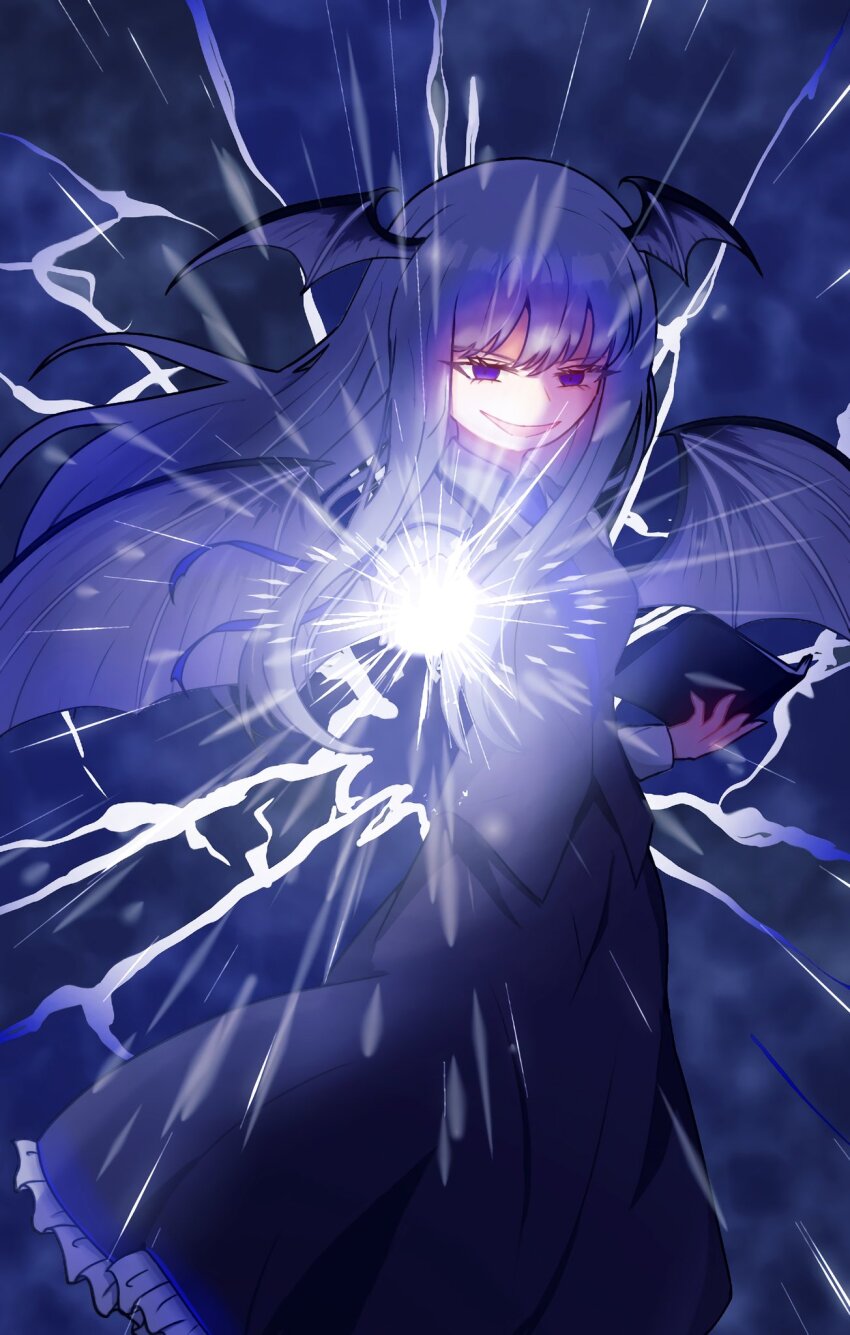 1girl alternate_eye_color alternate_hair_color bat_wings black_dress commentary_request dress frilled_dress frills head_wings highres koakuma long_hair looking_at_viewer m.u.g.e.n multiple_wings purple_hair smile solo touhou wings yumekotyanda