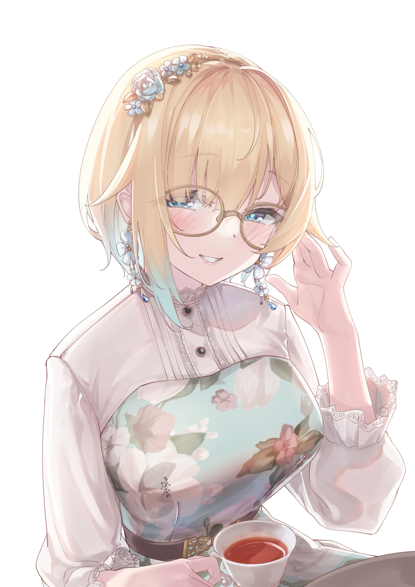 1girl absurdres aizawa_ema aizawa_ema_(3rd_costume) belt blonde_hair blue_eyes blush brown_belt collared_dress cup dress earrings floral_print flower flower_earrings glasses gradient_hair grin hair_flower hair_ornament highres invisible_chair jewelry kurumi_tsuchi lace-trimmed_collar lace-trimmed_sleeves lace_trim light_smile long_dress long_sleeves looking_at_viewer multicolored_hair parted_bangs puffy_long_sleeves puffy_sleeves short_hair simple_background sitting three-quarter_sleeves smile solo table tea teacup upper_body virtual_youtuber vspo! white_background