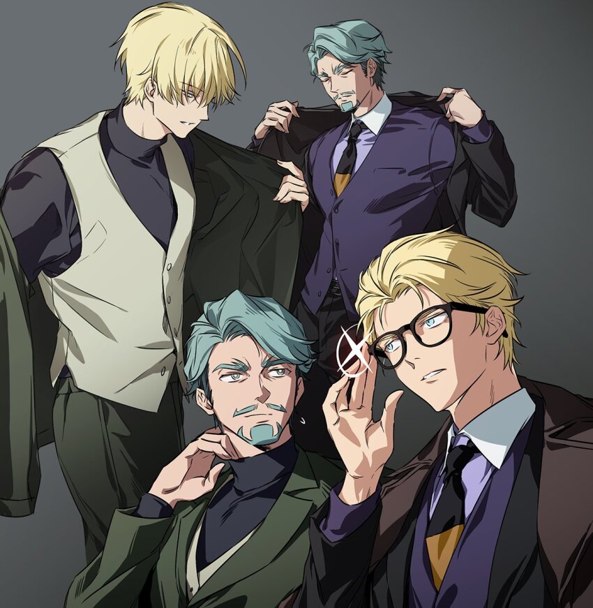 2boys black-framed_eyewear black_coat black_necktie black_shirt blonde_hair blue_eyes bright_pupils challia_bull char_aznable closed_eyes coat collared_shirt commentary cosplay costume_switch dress_pants facial_hair formal_clothes glasses goatee green_eyes green_hair green_jacket green_pants green_suit gundam gundam_gquuuuuux highres jacket jonburrrr long_sleeves looking_at_another male_focus multiple_boys mustache necktie open_clothes open_jacket opened_by_self pants purple_jacket purple_shirt shirouzu_(gundam) shirt short_hair suit suit_jacket symbol-only_commentary turtleneck turtleneck_shirt upper_body vest white_pupils