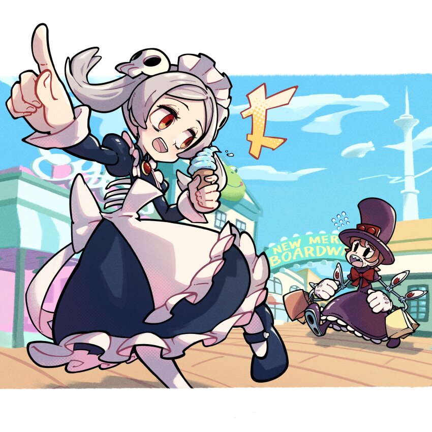 2girls ^^^ absurdres apron bloody_marie_(skullgirls) blue_sky boardwalk brooch cloud cyborg dress flying_sweatdrops food frilled_apron frilled_dress frills grey_hair hair_ornament hat highres holding holding_food holding_ice_cream ice_cream ice_cream_cone index_finger_raised jewelry juliet_sleeves long_sleeves maid_headdress mary_janes multiple_girls onozawa_(buresu21) open_mouth orange_hair outdoors pantyhose peacock_(skullgirls) puffy_sleeves red_eyes ribs shoes skeleton skull_hair_ornament skullgirls sky smile sweatdrop top_hat twintails