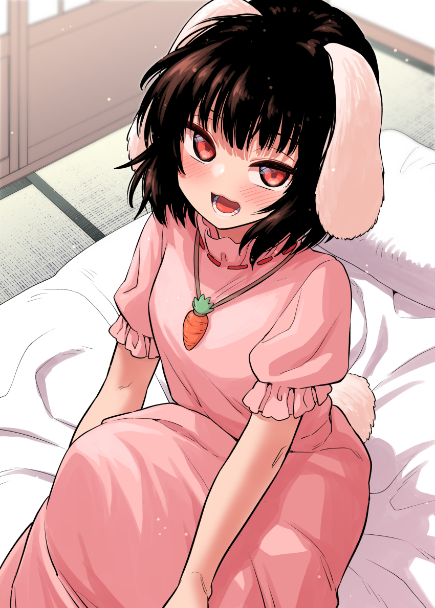 1girl absurdres animal_ears black_hair blush breasts carrot_necklace dress floppy_ears from_above futon fuuzasa highres inaba_tewi jewelry necklace open_mouth pink_dress rabbit_ears rabbit_girl rabbit_tail red_eyes short_hair small_breasts tail touhou