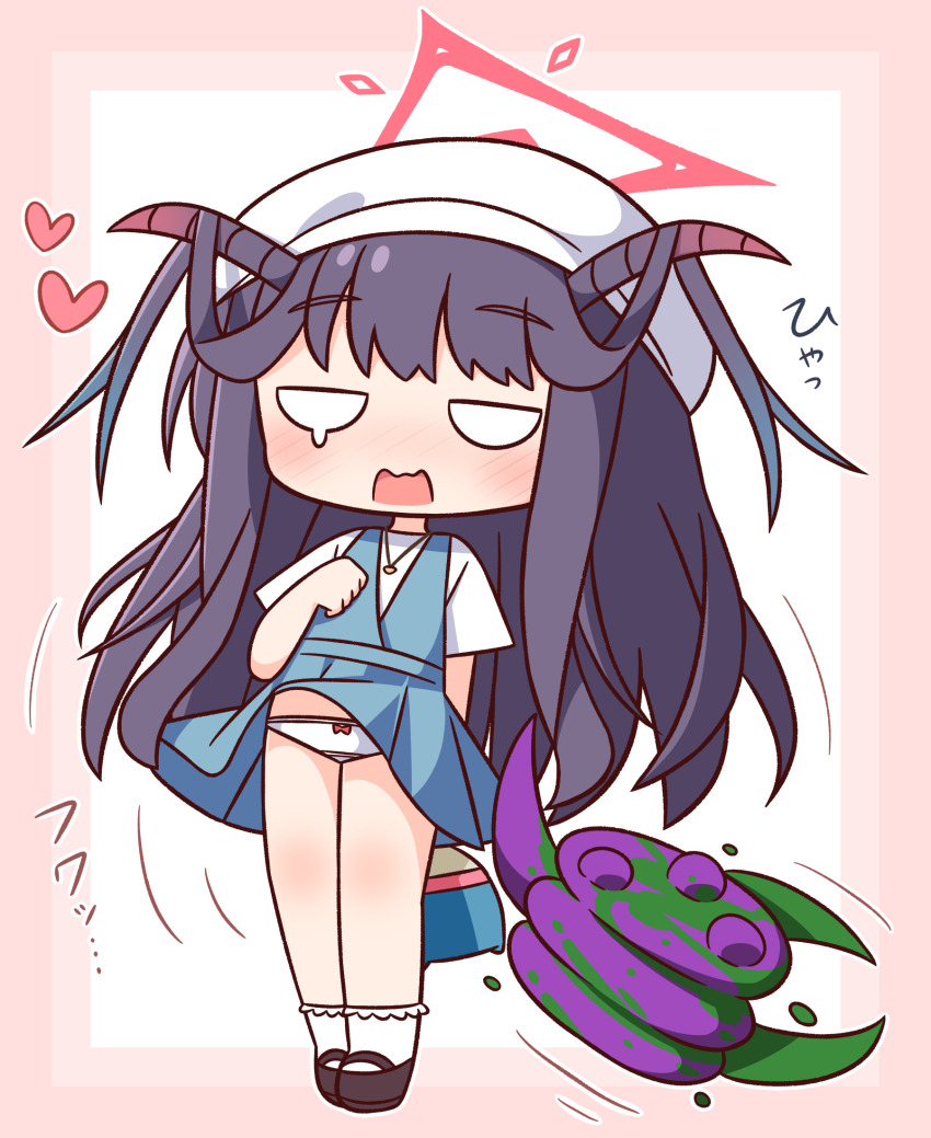 1girl bag beret black_hair black_shoes blank_eyes blue_archive blue_dress blush border bow bow_panties chibi clothes_lift dress dress_lift full_body fuuka_(blue_archive) fuuka_(casual)_(blue_archive) halo hana_kazari hand_up hat heart highres horns long_hair looking_at_viewer nose_blush open_mouth panties pink_border pleated_dress shirt shoes short_sleeves sleeveless sleeveless_dress socks solo standing teardrop translation_request underwear very_long_hair wavy_mouth white_background white_hat white_panties white_shirt white_socks