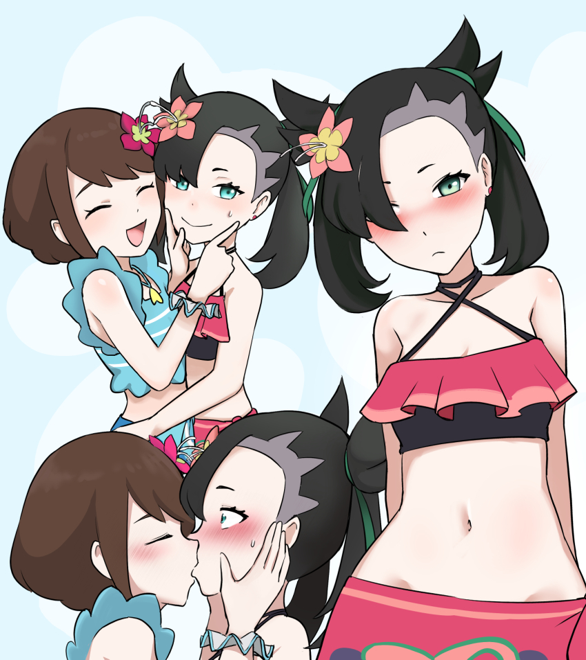 2girls aqua_bikini aqua_eyes aqua_sarong armpits asymmetrical_bangs bikini black_hair blush braid breasts brown_eyes brown_hair child clenched_hands closed_eyes collarbone couple embarrassed eye_contact eyelashes facing_viewer female_focus fingersmile flower flower_on_head french_kiss friends from_side gloria_(pokemon) gloria_(summer_2021)_(pokemon) hair_ornament halterneck happy highres index_finger_raised jewelry kiss long_hair looking_at_another looking_at_viewer marnie_(pokemon) marnie_(summer_2021)_(pokemon) matching_hair/eyes medium_hair midriff multicolored_bikini multiple_girls navel neck necklace nintendo official_alternate_costume official_alternate_hairstyle open_mouth pink_bikini pink_sarong pokemon pokemon_masters_ex profile reversein sarong scrunchie shy sidelocks small_breasts standing summer surprised sweatdrop swept_bangs swimsuit tsundere twintails two-tone_bikini undercut wrist_scrunchie yuri