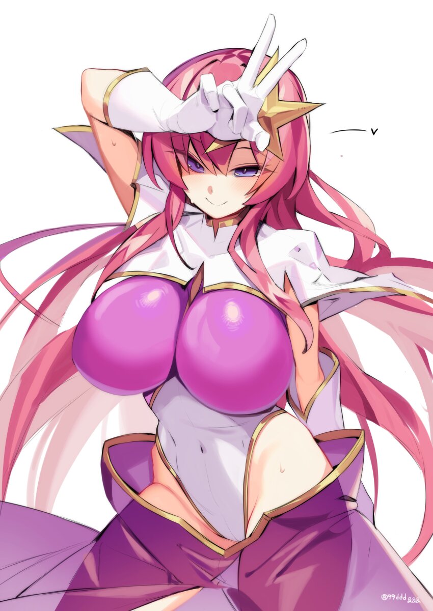 1girl absurdres arm_behind_back arm_up breasts closed_mouth commentary_request covered_navel cowboy_shot ddg160 elbow_gloves floating_hair gloves gold_trim gundam gundam_seed gundam_seed_destiny hair_between_eyes hair_ornament highleg highleg_leotard highres large_breasts leotard light_blush long_hair looking_at_viewer meer_campbell multicolored_leotard pink_hair pink_leotard purple_eyes see-through_clothes shiny_clothes simple_background smile solo split_mouth standing star_(symbol) star_hair_ornament sweat twitter_username two-tone_leotard v very_long_hair white_background white_gloves white_leotard