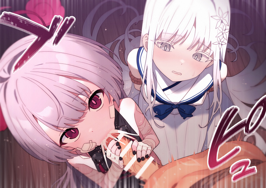 1boy 2girls bandaged_arm bandages bar_censor black_nails blue_archive censored commentary_request cum cum_in_mouth cum_overflow fellatio gauze gauze_on_cheek grey_eyes grey_hair halo hetero highres loli long_hair looking_at_viewer multiple_girls nagusa_(blue_archive) nail_polish open_mouth oral paid_reward_available parted_lips penis penis_grab pov pov_crotch purple_eyes purple_halo robo_mikan shuro_(blue_archive) sound_effects thick_eyelashes variant_set white_hair