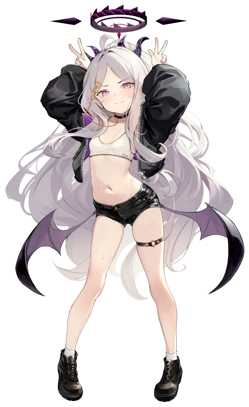 1girl absurdres alternate_costume black_choker black_footwear black_jacket black_shorts blue_archive choker collarbone cowlick crop_top dampi demon demon_wings double_v full_body hair_ornament halo highres hina_(blue_archive) jacket long_hair micro_shorts midriff navel o-ring o-ring_thigh_strap open_clothes open_jacket purple_halo shorts sidelocks simple_background solo spiked_halo stomach sweat sweatdrop thigh_strap two-sided_fabric two-sided_jacket v very_long_hair white_background white_hair wings zipper zipper_pull_tab