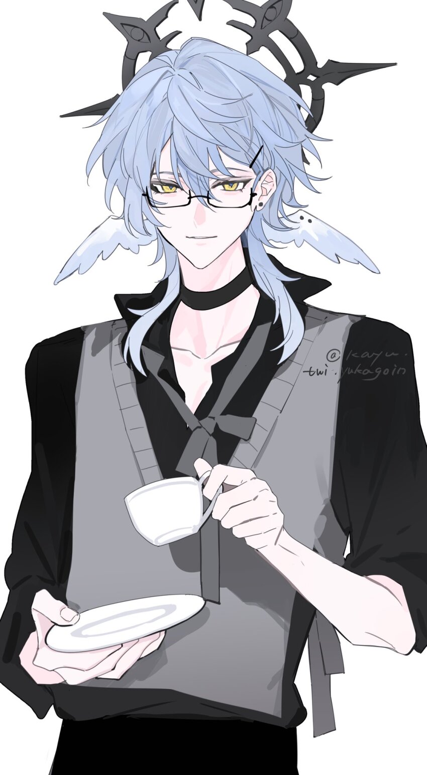 1boy alternate_costume bespectacled bishounen black_choker black_pants black_shirt blue_hair choker closed_mouth collarbone collared_shirt cup earrings glasses grey_shirt hair_between_eyes hair_ornament hairclip halo head_wings highres holding holding_cup holding_saucer honkai:_star_rail honkai_(series) jewelry kayu_(yukagoin) light_smile long_sleeves looking_at_viewer male_focus mechanical_halo medium_hair neck_ribbon open_collar pants plate ribbon saucer shirt short_hair sidelocks simple_background sleeves_rolled_up smile solo sunday_(honkai:_star_rail) sweater_vest teacup twitter_username upper_body vest white_background wings yellow_eyes