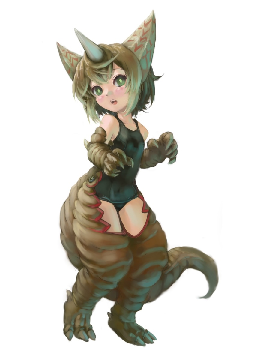 1girl breasts dinosaur gomora green_eyes highres kaiju_girls kaiju kuroda_mikazuki monster_girl one-piece_swimsuit personification simple_background small_breasts swimsuit tail tsuburaya_productions ultra-taf ultra_series ultraman_(1st_series) white_background