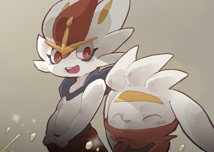 2boys :3 ^_^ animal_nose blue_fur blush body_fur bright_pupils brown_background buck_teeth cinderace closed_eyes covered_mouth creatures_(company) furry furry_male game_freak gen_8_pokemon gerigoo happy highres looking_at_another looking_to_the_side male_focus multicolored_fur multiple_boys nintendo open_mouth pee peeing peeing_together pokemon pokemon_(creature) rabbit_boy rabbit_ears raboot red_eyes red_fur red_hair short_hair simple_background smile sparkle standing teeth upper_body white_fur white_pupils