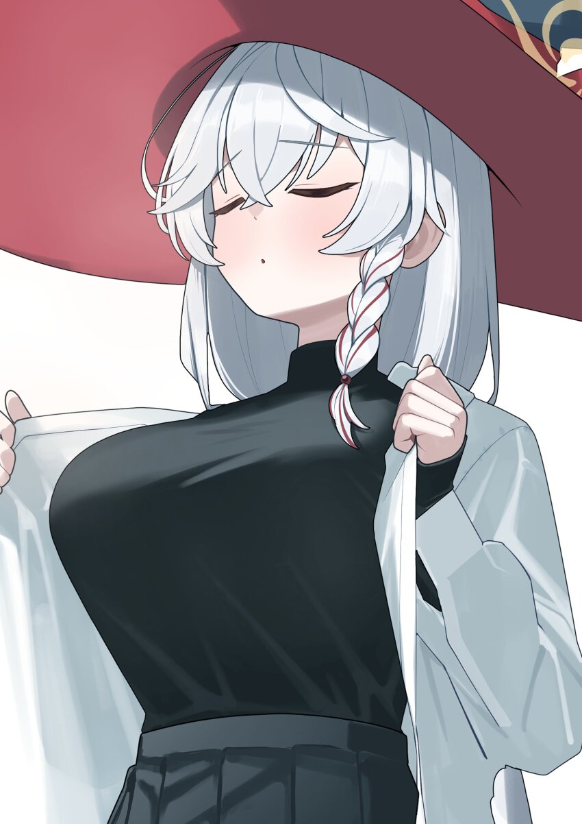1girl absurdres black_skirt blue_archive braid breasts closed_eyes commentary_request eri_(blue_archive) fukujin grey_hair halo hat highres large_breasts long_hair long_sleeves open_clothes open_shirt parted_lips pleated_skirt red_hat shirt side_braid simple_background skirt solo undershirt upper_body white_background white_shirt witch_hat yellow_halo