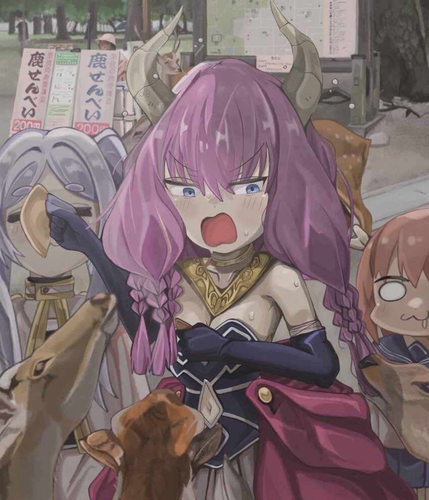 3girls absurdres aura_(sousou_no_frieren) black_dress black_gloves blank_eyes blue_eyes blue_sailor_collar blue_skirt capelet deer deer_cracker demon_horns dress drooling elbow_gloves feeding_animal food frieren gloves gold_choker grey_hair hair_between_eyes highres hikimayu holding holding_food horns looking_at_another mouth_drool multiple_girls naaga_sonomono orange_hair outdoors park parted_bangs purple_hair red_capelet sailor_collar school_uniform serafuku shikanoko_noko shikanoko_nokonoko_koshitantan shirt sign skirt sousou_no_frieren sweat upper_body wavy_mouth white_shirt
