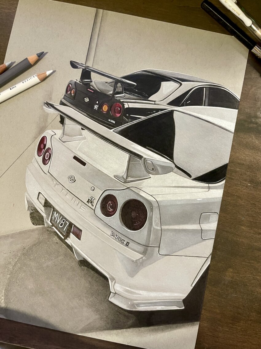 art_tools_in_frame black_car car colored_pencil colored_pencil_(medium) commentary english_commentary hannah_(handrawnby) highres license_plate nissan nissan_skyline nissan_skyline_gt-r nissan_skyline_r34 no_humans original pencil photo_(medium) photo_(object) shadow spoiler_(automobile) traditional_media vehicle_focus white_car