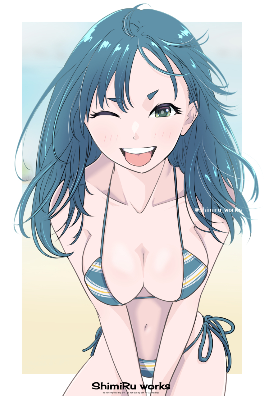 1girl artist_name between_legs bikini blue_hair border breasts cleavage gradient_background halterneck hand_between_legs highres long_hair looking_at_viewer navel one_eye_closed original outside_border shimiru_works side-tie_bikini_bottom solo swimsuit tongue tongue_out white_border