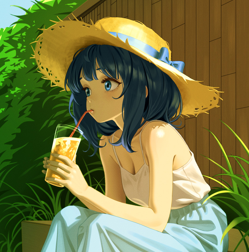 1girl bare_shoulders blue_eyes blue_hair blue_skirt breasts cleavage collarbone commentary_request cup drinking drinking_glass drinking_straw drinking_straw_in_mouth fence from_side glass hat highres holding holding_cup kingrun long_skirt make_heroine_ga_oo_sugiru! medium_hair outdoors shirt sitting skirt sleeveless sleeveless_shirt solo spaghetti_strap straw_hat white_shirt wooden_fence yanami_anna
