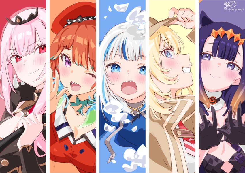 5girls air_bubble artist_name black_gloves black_tiara blonde_hair blue_eyes breasts bubble coat fur_collar gawr_gura gawr_gura_(1st_costume) gloves hat highres holding holding_scythe holding_weapon hololive hololive_english holomyth kamiya_maneki large_breasts light_smile mori_calliope mori_calliope_(1st_costume) multicolored_hair multiple_girls necktie ninomae_ina&#039;nis ninomae_ina&#039;nis_(1st_costume) one_eye_closed orange_hair pink_eyes pink_hair profile purple_eyes purple_hair red_eyes scythe sharp_teeth signature takanashi_kiara takanashi_kiara_(1st_costume) teeth three_quarter_profile tiara virtual_youtuber watson_amelia watson_amelia_(1st_costume) weapon white_hair