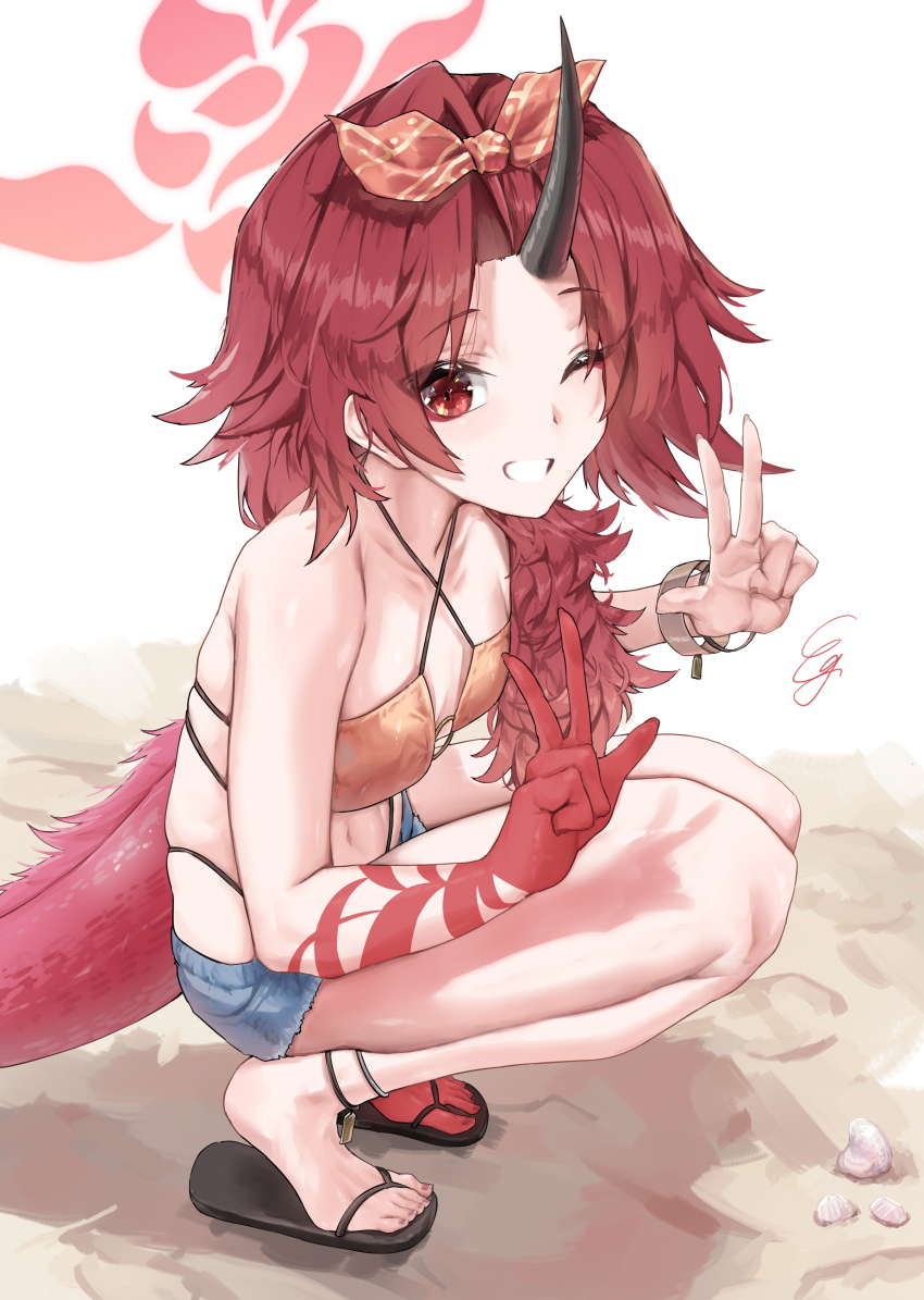 1girl absurdres bikini black_sandals blue_archive brown_bikini colored_skin denim denim_shorts double_w dragon_girl dragon_horns dragon_tail grin hair_over_shoulder hairband highres horns long_hair looking_at_viewer multicolored_skin navel official_alternate_costume one_eye_closed orange_hairband parted_bangs red_eyes red_hair red_skin renge_(blue_archive) renge_(swimsuit)_(blue_archive) sandals shorts single_horn smile solo squatting sunnysideup swimsuit tail w