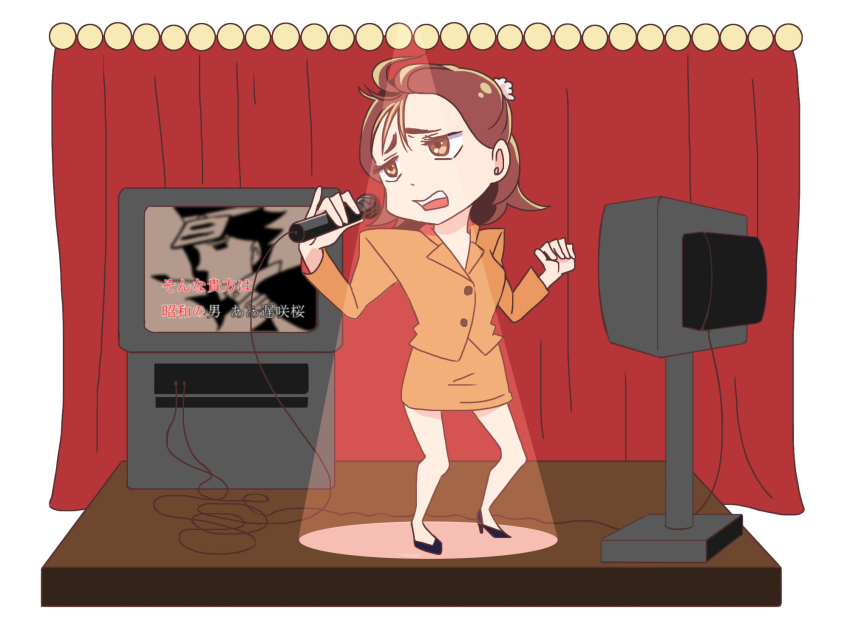 1girl artist_request curtains highres higuchi_(trigger) karaoke microphone official_art pencil_skirt promotional_art skirt spotlight stage stage_lights standing television trigger_(company)