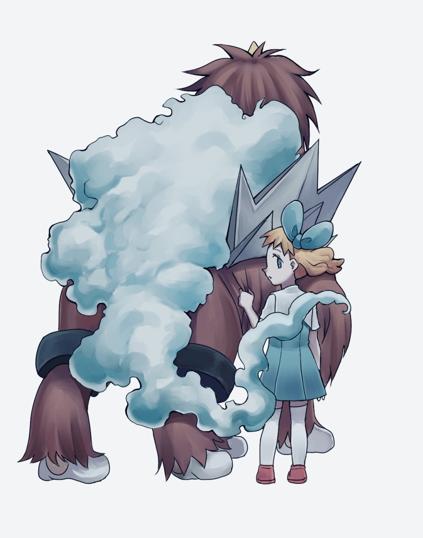 back blue_bow blue_dress blue_eyes bow brown_hair child dress entei gem gen_2_pokemon highres izumi_(2476264) legendary_pokemon looking_back molly_hale nintendo pokemon pokemon_(anime) pokemon_(classic_anime) pokemon_(creature) pokemon_3:_the_movie_-_spell_of_the_unown:_entei short_hair simple_background sitting thighhighs white_legwear