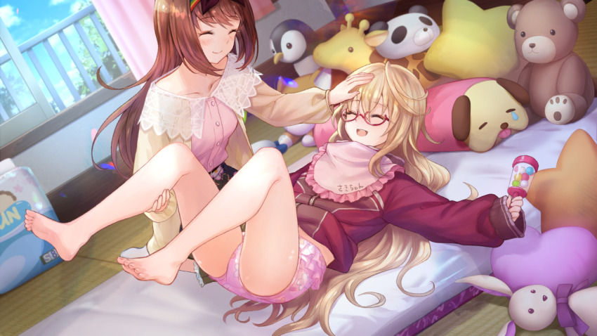 2girls :d ^_^ age_play barefoot bib blonde_hair bloomers blue_eyes blush breasts brown_hair cardigan closed_eyes clothes_lift collarbone day dutch_angle frilled_bib frills full_body game_cg glasses hand_on_another&#039;s_leg headpat holding holding_rattle jacket jacket_lift legs_up long_hair lying mugendo_saki multiple_girls no_shoes non-web_source official_art on_back open_cardigan open_clothes open_mouth open_window otori_ai pink_bloomers rattle red_jacket semi-rimless_eyewear sleeves_past_wrists small_breasts smile socks soles spoilers stuffed_animal stuffed_dog stuffed_giraffe stuffed_panda stuffed_penguin stuffed_rabbit stuffed_toy teddy_bear toes track_jacket under-rim_eyewear underwear very_long_hair white_socks window yellow_cardigan yumeutsutsu_re:master
