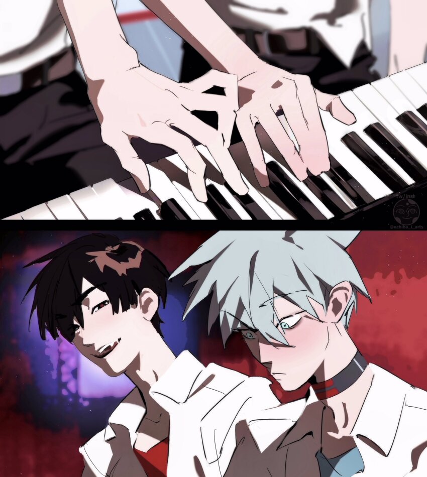 2boys alien_stage black_eyes black_hair collared_shirt commentary english_commentary fang green_eyes grey_hair highres instrument ivan_(alien_stage) male_focus multiple_boys music neon_genesis_evangelion open_mouth piano playing_instrument playing_piano red_pupils red_shirt scene_reference shirt short_hair till_(alien_stage) uchiha_i_arts very_short_hair white_shirt