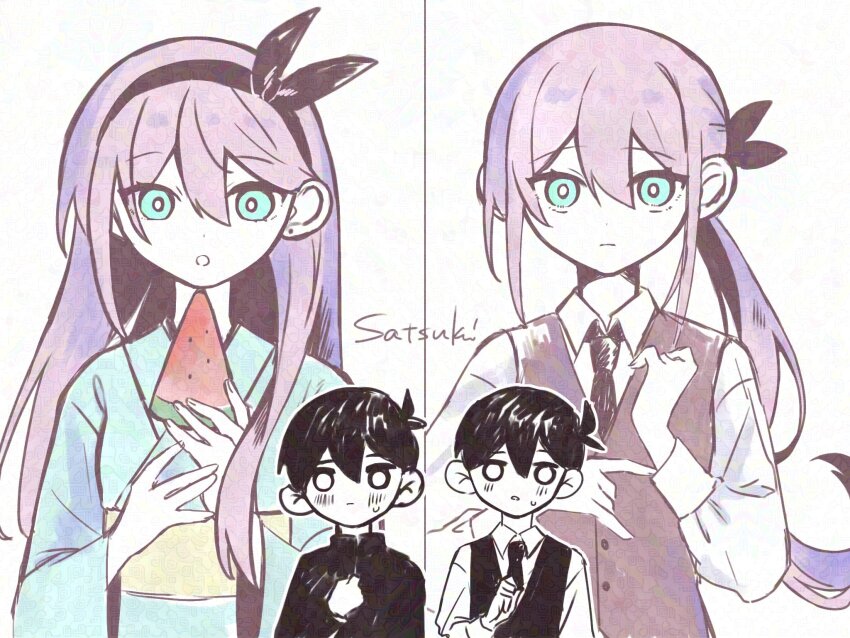 1boy 1girl alternate_costume alternate_eye_color alternate_hairstyle antenna_hair artist_name aubrey_(faraway)_(omori) aubrey_(omori) black_hair black_hairband black_necktie black_ribbon blue_eyes blue_kimono bright_pupils closed_mouth collared_shirt ear_piercing food fruit hair_ribbon hairband highres holding holding_food japanese_clothes kimono long_hair long_sleeves looking_at_viewer low_ponytail necktie omori open_mouth parted_lips piercing pink_hair ponytail ribbon satsuki_1243 school_uniform shirt short_hair sunny_(omori) watermelon watermelon_slice white_eyes white_pupils white_shirt