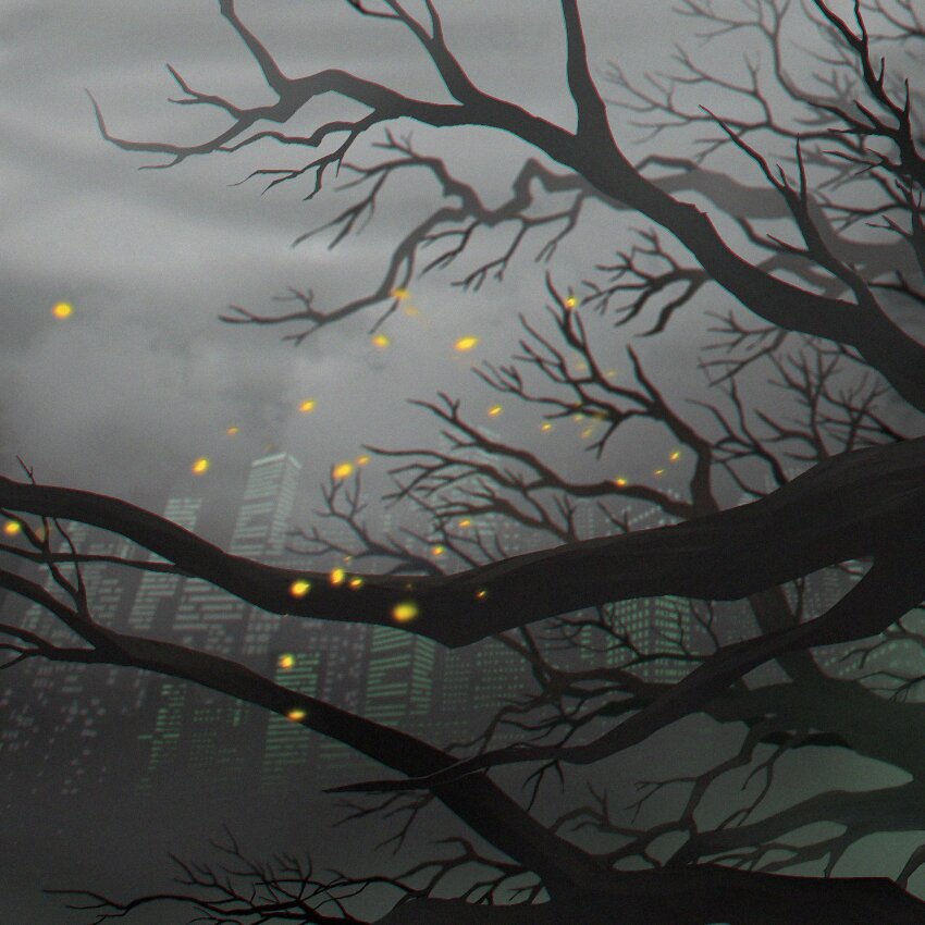 bare_tree cityscape cloud cloudy_sky falling_petals flaw_eight flower grey_sky highres limbus_company no_humans petals project_moon scenery sky smog smoke spot_color tree window yellow_flower