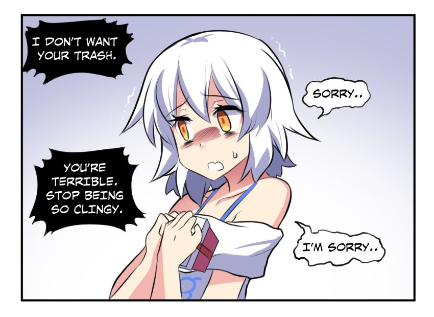 1girl bing bullying comic english_text female_focus highres hinghoi open_mouth orange_eyes scared shaded_face short_hair solo sweat trembling white_hair
