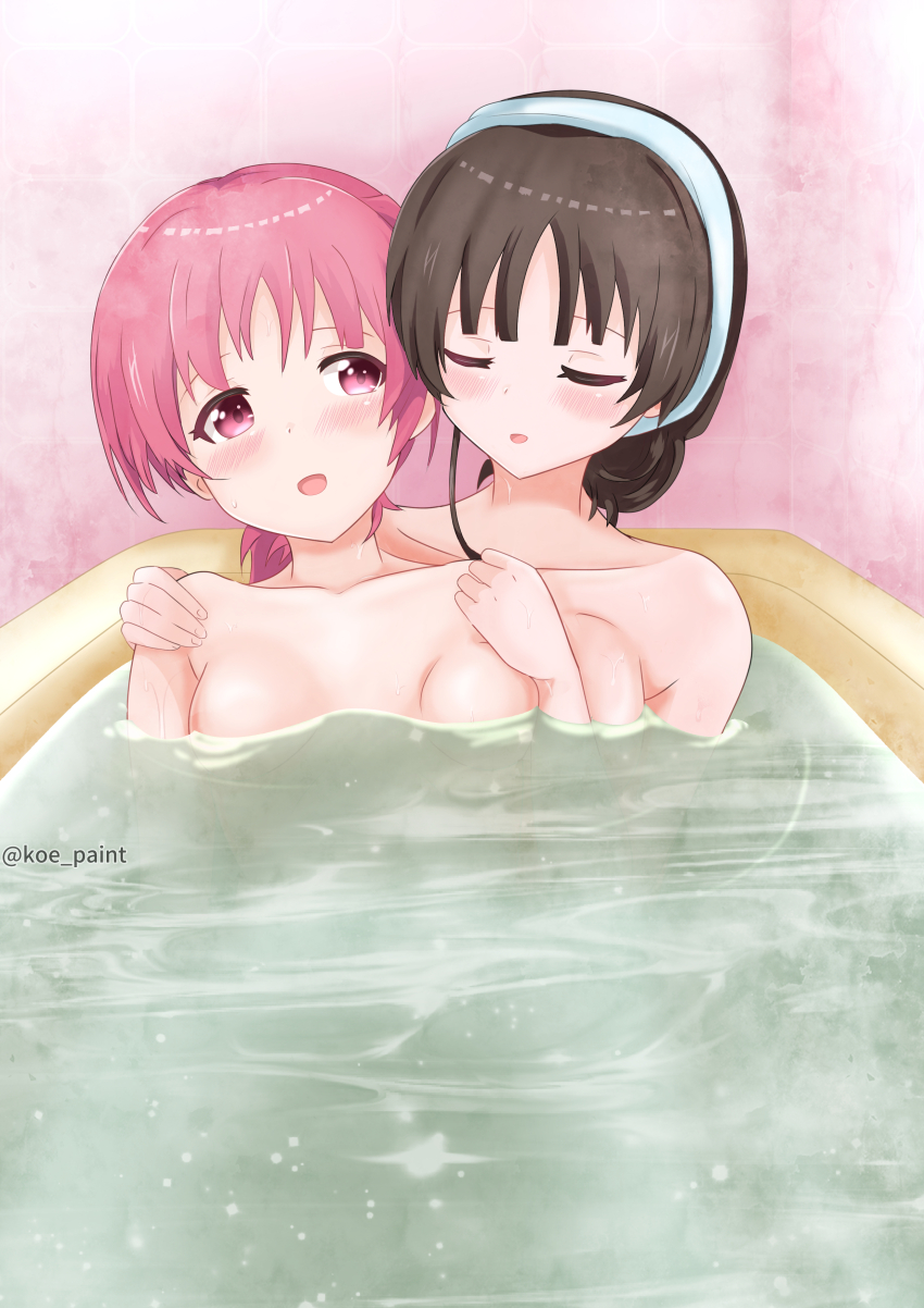 2girls absurdres asumi-chan_wa_rezu_fuuzoku_ni_kyoumi_ga_arimasu! bath bathing bathtub blush breasts brown_hair closed_eyes commentary_request flying_sweatdrops hands_on_another&#039;s_shoulders highres indoors koe-paint kusumoto_asumi medium_breasts multiple_girls nude ookura_nanao open_mouth parted_lips partially_submerged pink_eyes pink_hair same-sex_bathing shared_bathing smile textless_version twitter_username water yuri