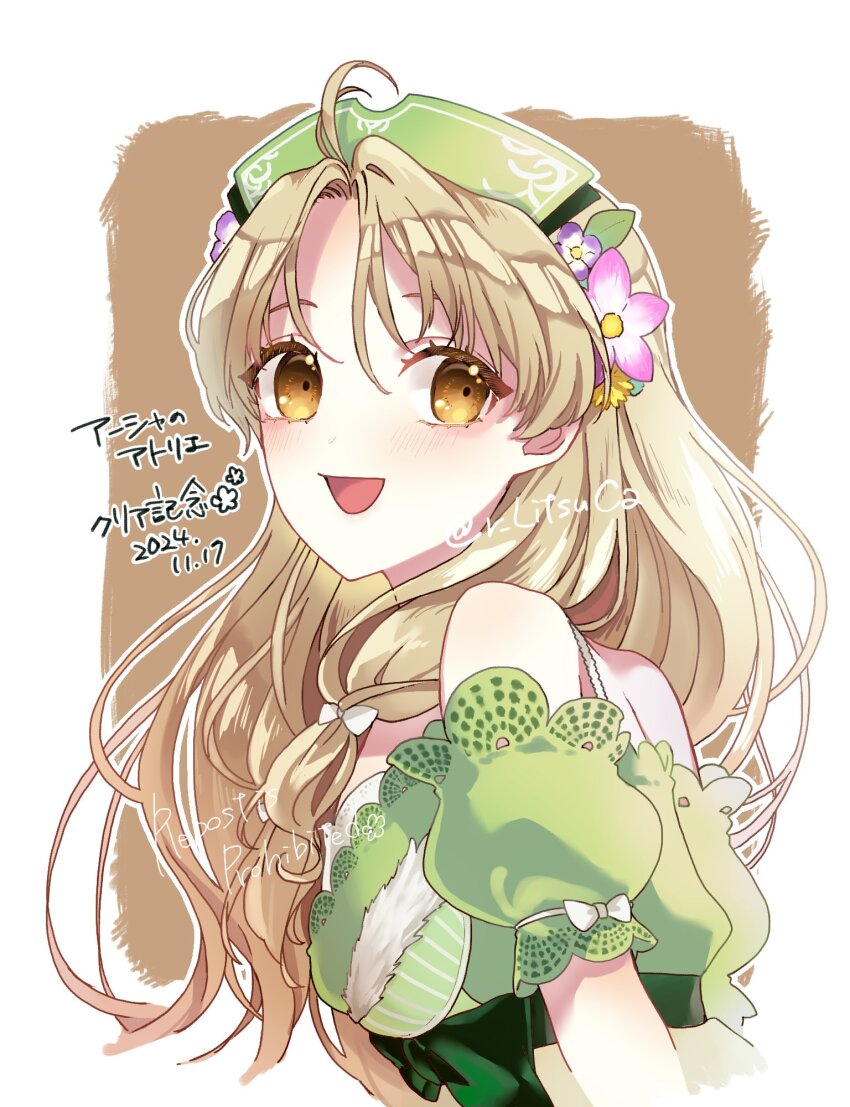 1girl :d atelier_(series) atelier_ayesha ayesha_altugle bare_shoulders blonde_hair brown_eyes dated dress flower from_side green_dress green_hat green_skirt hair_flower hair_ornament hat highres long_hair looking_at_viewer off-shoulder_dress off_shoulder open_mouth ritsu_(r_litsuca) skirt smile solo translation_request upper_body