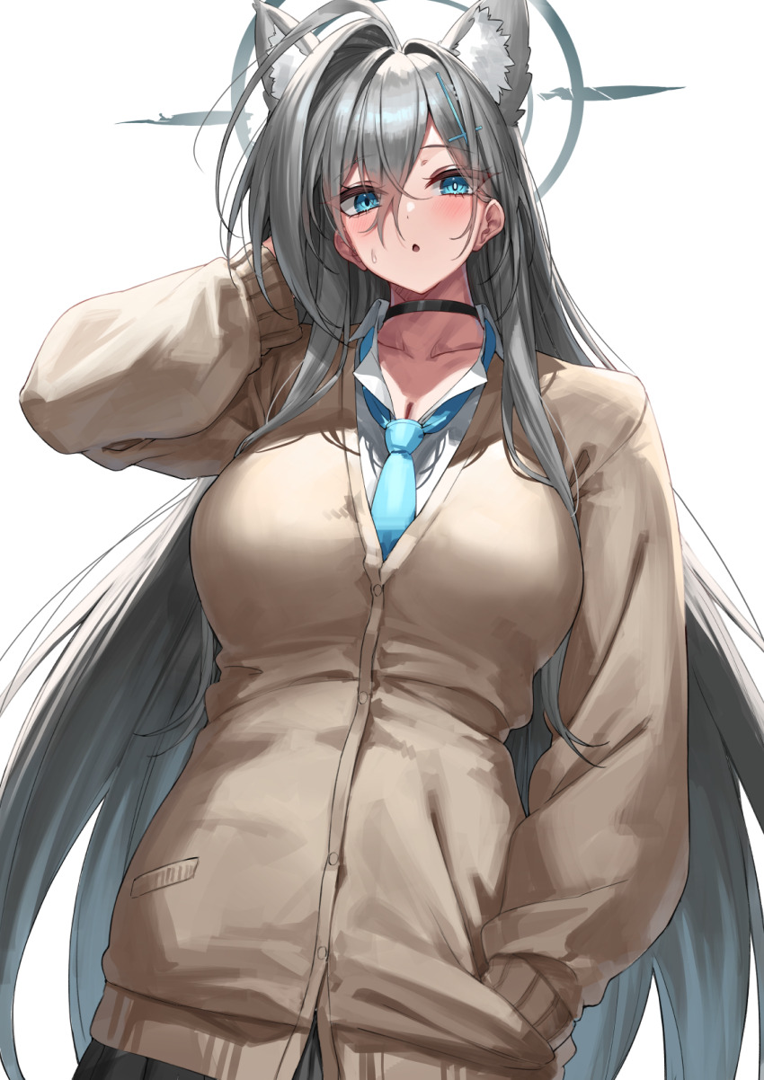 1girl :o alternate_costume animal_ear_fluff animal_ears black_choker blue_archive blue_eyes blue_necktie blush breasts choker cleavage collarbone collared_shirt cross_hair_ornament grey_hair hair_between_eyes hair_ornament halo hand_in_own_hair hand_in_pocket hand_up highres large_breasts long_hair long_sleeves looking_at_viewer necktie open_mouth shiroko_(blue_archive) shiroko_terror_(blue_archive) shirt simple_background solo white_background white_shirt wolf_ears yamanokami_eaka