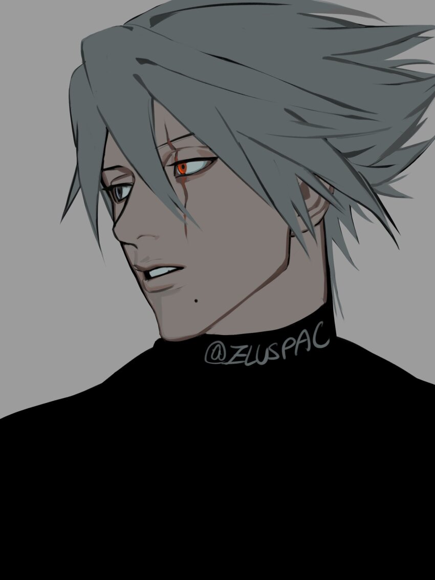 1boy eluspac_maru grey_hair hair_between_eyes hatake_kakashi heterochromia highres looking_to_the_side male_focus mole mole_under_mouth naruto_(series) naruto_shippuuden parted_lips red_eyes scar scar_across_eye scar_on_face sharingan short_hair solo twitter_username