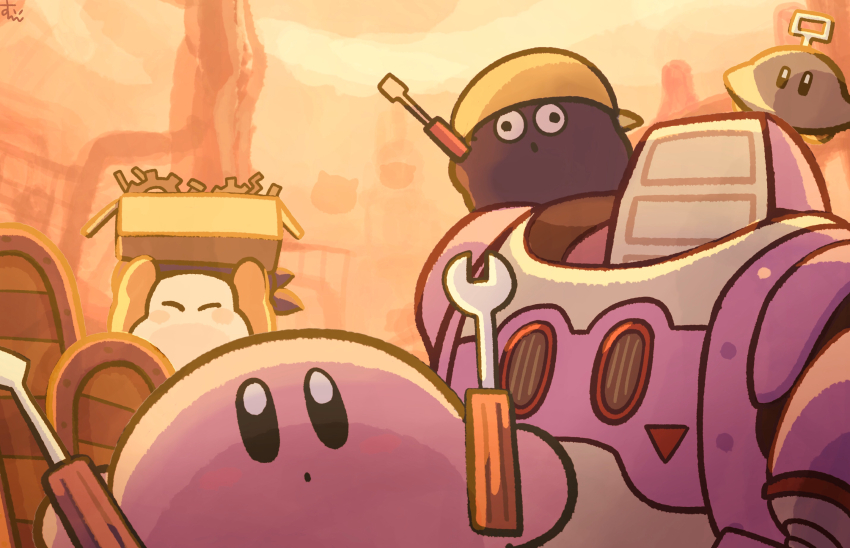 :o ^_^ bandana bandana_waddle_dee black_eyes blue_bandana box character_request closed_eyes cloud colored_skin commentary_request cross-eyed expressionless gooey_(kirby) highres holding holding_box holding_screwdriver holding_wrench kirby kirby_(series) looking_ahead mecha nintendo no_humans no_mouth open_mouth orange_skin orange_sky outdoors pink_skin robobot_armor robot scarfy screwdriver sky sunset suyasuyabi ufo wrench yellow_bandana