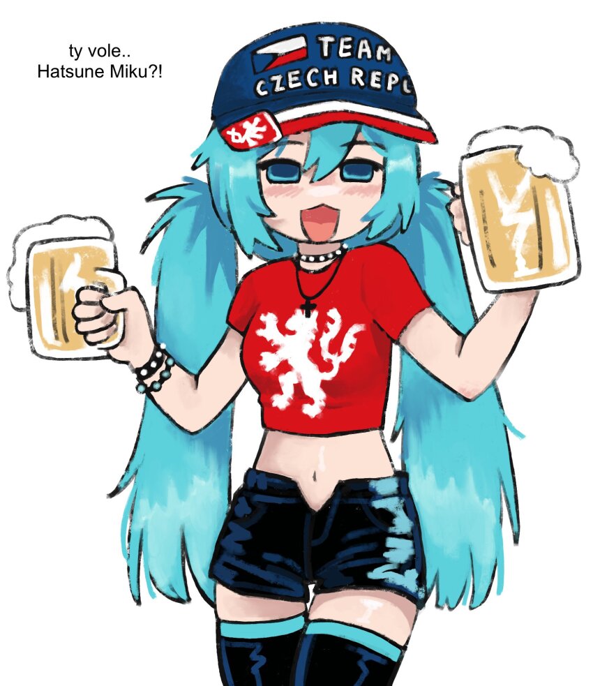 1girl alcohol aqua_eyes aqua_hair baseball_cap beer beer_mug blue_hat blue_shorts blue_thighhighs bracelet cropped_shirt cross cross_necklace cup czech_flag flag_print hat hatsune_miku highres holding holding_cup jewelry long_hair mliko444 mug multicolored_hat navel necklace open_mouth print_shirt red_hat red_shirt shirt short_shorts shorts simple_background solo studded_bracelet studded_choker thighhighs translation_request twintails vocaloid white_background worldwide_miku