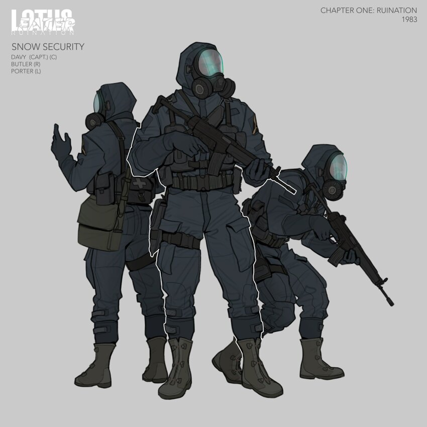 3boys ammunition_pouch assault_rifle bag boots buckle carbine cargo_pants chest_rig combat_boots commentary deltamagna english_commentary english_text facing_away facing_to_the_side facing_viewer first_aid_kit full_body gas_mask gloves gun h&amp;k_hk33 highres holding holding_weapon holster hood hood_up jacket lotus_eater magazine_(weapon) mask military_jacket multiple_boys pants pouch rifle satchel short-barreled_rifle simple_background snap-fit_buckle standing thigh_holster trigger_discipline weapon white_background