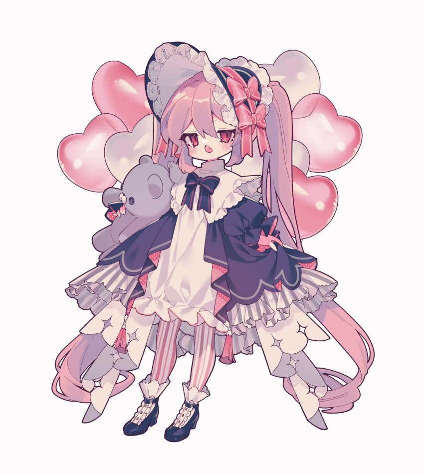 1girl balloon black_bonnet black_bow black_bowtie black_shoes blush bonnet bow bowtie coat commentary dress fang frilled_dress frills full_body heart_balloon high_heels highres holding holding_stuffed_toy lace-trimmed_headwear lace_trim large_teddy_bear long_skirt open_clothes open_coat open_mouth original ozureiji pantyhose pink_bow pink_eyes pink_hair pink_pantyhose shoes simple_background skin_fang skirt skirt_hold socks solo stuffed_animal stuffed_toy symbol-only_commentary tassel teddy_bear two-tone_pantyhose white_background white_dress white_pantyhose white_socks
