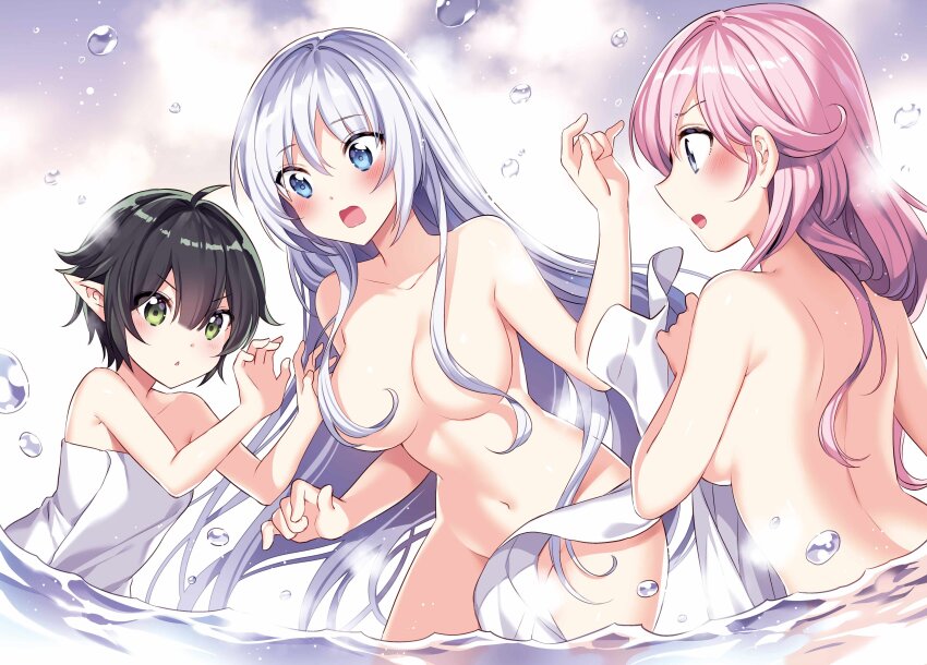 3girls absurdres ahoge aqua_eyes bathing black_hair blush breasts breasts_apart convenient_censoring covering_privates filia_e_usel green_eyes grey_eyes grey_hair hands_up highres long_hair looking_at_another megami_ni_damasareta_ore_no_isekai_harem_seikatsu multiple_girls naked_towel nana_b_forest nardack navel novel_illustration nude_cover official_art open_mouth parted_lips pink_hair pointy_ears saly_e_wolel second-party_source sideboob splatter standing towel wading water