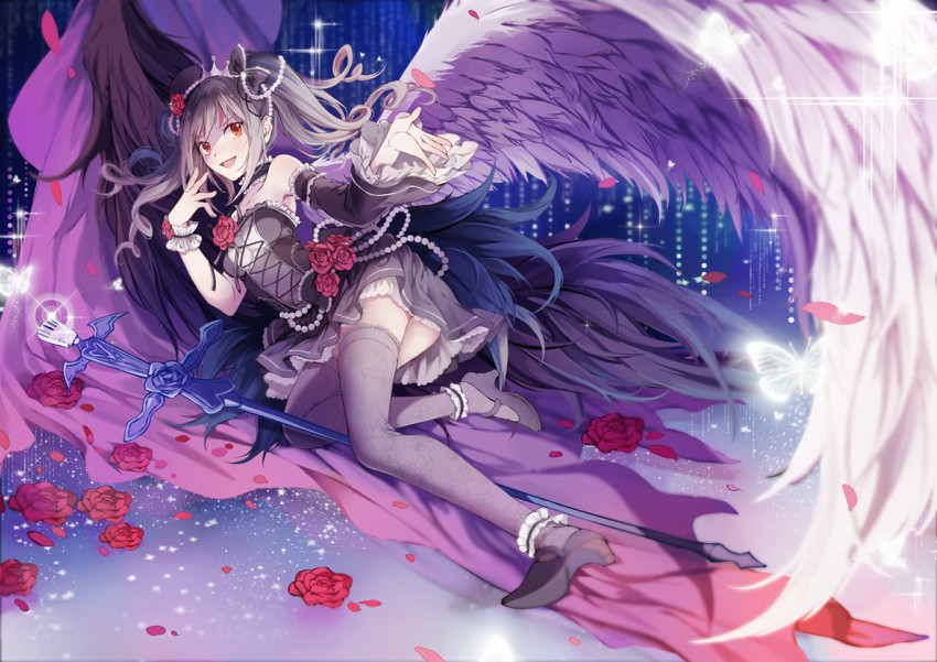 10s 1girl angel_wings ankle_garter bare_shoulders black_feathers black_wings blush detached_sleeves drill_hair feathered_wings feathers female_focus flower gothic_lolita grey_thighhighs hair_flower hair_ornament high_heels idolmaster idolmaster_cinderella_girls kanzaki_ranko koyuiko lolita_fashion long_hair looking_at_viewer open_mouth petals red_eyes rose silver_hair smile solo staff thighhighs tiara twin_drills twintails white_feathers white_wings wings