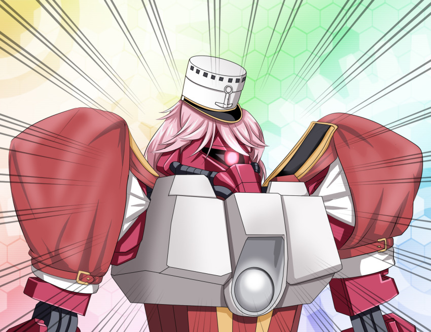 commentary cosplay emphasis_lines galbaldy_beta giuseppe_garibaldi_(kancolle) giuseppe_garibaldi_(kancolle)_(cosplay) glowing glowing_eye gundam hat highres kantai_collection mecha name_connection parody pink_hair robot short_hair short_sleeves tk8d32 white_headwear zeta_gundam