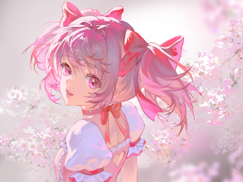 1girl back_cutout blurry blurry_foreground bow bow_choker branch center_frills cherry_blossoms chinese_commentary choker clothing_cutout commentary_request dress eyelashes floral_background flower frilled_dress frilled_sleeves frills hair_between_eyes hair_bow hair_intakes happy heart_cutout hei_yu highres kaname_madoka kaname_madoka_(magical_girl) lips looking_at_viewer looking_back magical_girl mahou_shoujo_madoka_magica mahou_shoujo_madoka_magica_(anime) open_mouth pink_bow pink_dress pink_eyes pink_flower pink_hair pink_lips puffy_short_sleeves puffy_sleeves red_bow red_choker short_hair short_sleeves short_twintails shoulder_blades smile solo square_neckline teeth twintails upper_body upper_teeth_only white_background white_sleeves